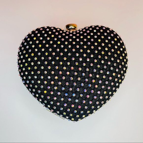 TRENDY BLACK MESH RHINESTONE HEARTBOX GOLD STRAP CHAIN CLUTCH CROSSBODY BAG - Picture 3 of 5